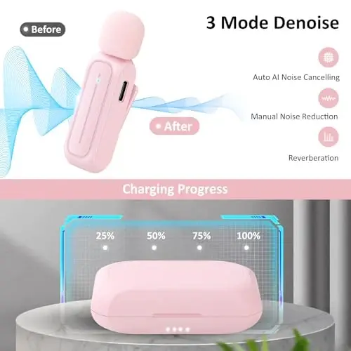 Ecomxia 2 Pack iPhone iPad Android uchun simsiz Lavalier mikrofon, zaryadlash qutisi bilan - 7 soatlik video yozish, Vlogging, YouTube, intervyu, 3 rejimli shovqinni kamaytirish uchun qisqichli mikrofon (pushti) - 3