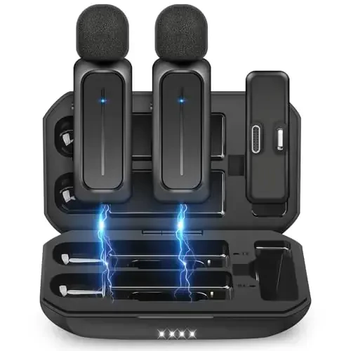 ECOMXIA 2 шт. беспроводной петличный микрофон для iPhone iPad Android с зарядным чехлом 7 часов работы. Беспроводной петличный микрофон с зажимом для видеозаписи, видеоблогов, YouTube, интервью, 3 режима шумоподавления, 21 метр. - ECOMXIA