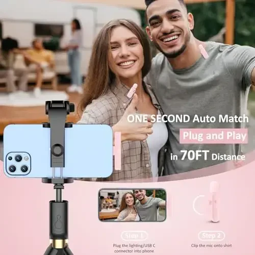 Ecomxia 2 Pack Wireless Lavalier Microphone for iPhone iPad Android with Charging Case - 7H Clip on Lapel Microphone Wireless for Video Recording Vlogging, YouTube, Interview, 3 Mode Denoise (Pink) - 4