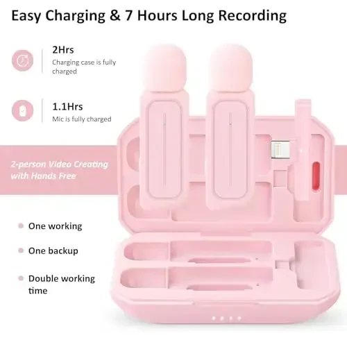 Ecomxia 2 Pack Wireless Lavalier Microphone for iPhone iPad Android with Charging Case - 7H Clip on Lapel Microphone Wireless for Video Recording Vlogging, YouTube, Interview, 3 Mode Denoise (Pink) - 6