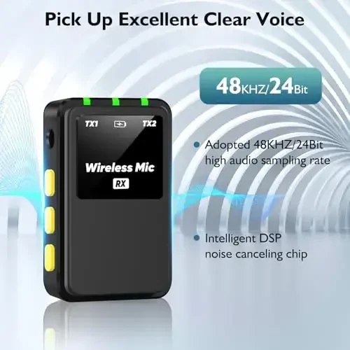 Ecomxia Wireless Lavalier Microphone (2 TX + 1RX + Charging Case) for DSLR Camera iPhone Android PC 656FT Range Professional Lapel Mic Wireless with 48KHZ/24Bit Clear Voice, 30Hours Vlogging - 2