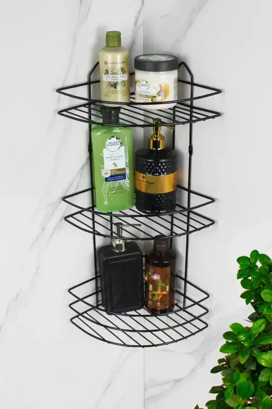 Economic Stainless Steel Adhesive Triple Metal Black Shampoo Bathroom Corner Shower Shelf Corner Organizer-BLACK - HIMYHOME