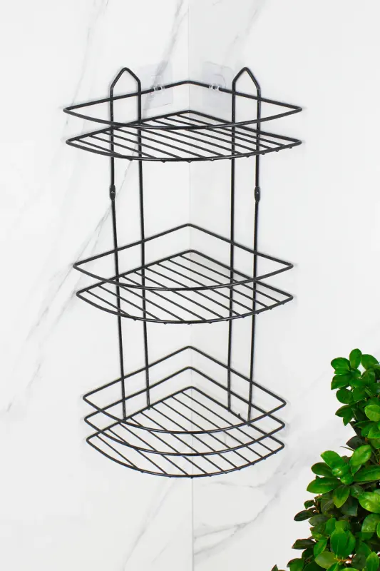 Economic Stainless Steel Adhesive Triple Metal Black Shampoo Bathroom Corner Shower Shelf Corner Organizer-BLACK - 2