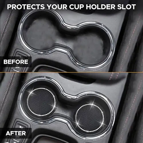 EcoNour Bling Cup Holder Insert (2 Pack) with Push Start Button Ring (1 Pack) | 2.75 Inch Silicone Coaster Pad and 1.5 Inch Ring with Elegant Crystal Rhinestone | Car Interior Accessories (Black) - 2