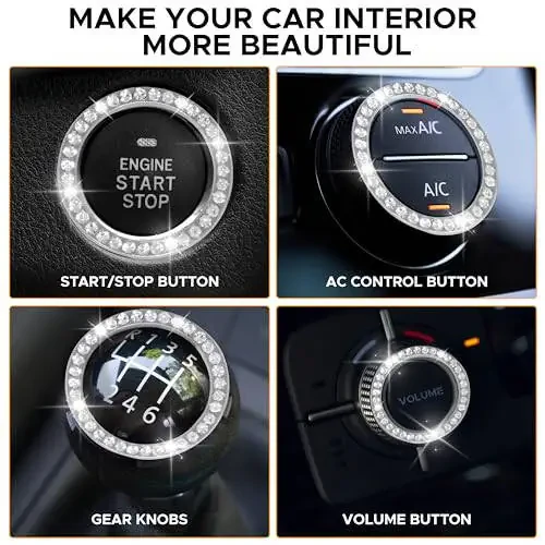 EcoNour Bling Cup Holder Insert (2 Pack) with Push Start Button Ring (1 Pack) | 2.75 Inch Silicone Coaster Pad and 1.5 Inch Ring with Elegant Crystal Rhinestone | Car Interior Accessories (Black) - 3