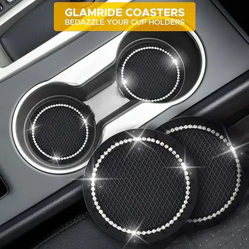 EcoNour Bling Cup Holder Insert (2 Pack) with Push Start Button Ring (1 Pack) | 2.75 Inch Silicone Coaster Pad and 1.5 Inch Ring with Elegant Crystal Rhinestone | Car Interior Accessories (Black) - 4