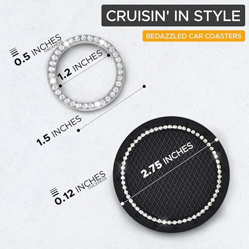 EcoNour Bling Cup Holder Insert (2 Pack) with Push Start Button Ring (1 Pack) | 2.75 Inch Silicone Coaster Pad and 1.5 Inch Ring with Elegant Crystal Rhinestone | Car Interior Accessories (Black) - 7