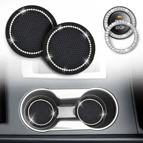 EcoNour Bling Cup Holder Insert (2 Pack) with Push Start Button Ring (1 Pack) | 2.75 Inch Silicone Coaster Pad and 1.5 Inch Ring with Elegant Crystal Rhinestone | Car Interior Accessories (Black) - 5