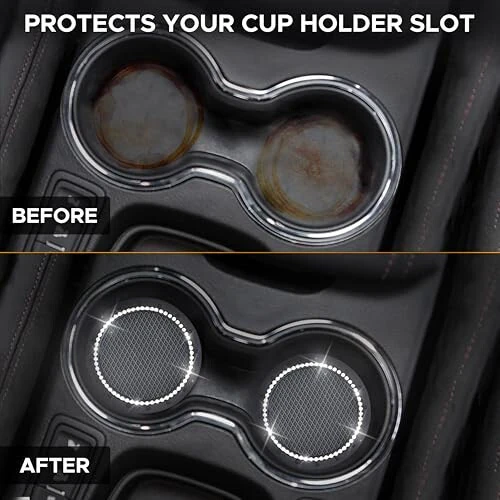 EcoNour Bling Cup Holder Insert (2 Pack) with Push Start Button Ring (1 Pack) | 2.75 Inch Silicone Coaster Pad and 1.5 Inch Ring with Elegant Crystal Rhinestone | Car Interior Accessories (Black) - 6