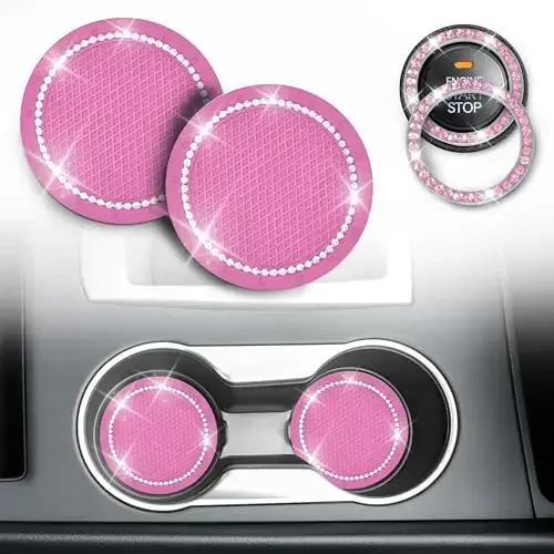 EcoNour Car Cup Coasters (2 Pack) with Pink Push Start Button Bling Ring (1 Pack) | Pink Car Interior Accessories for Women | Classy and Elegant Pink Crystal Car Decor for Cars,Trucks & RVs - 1