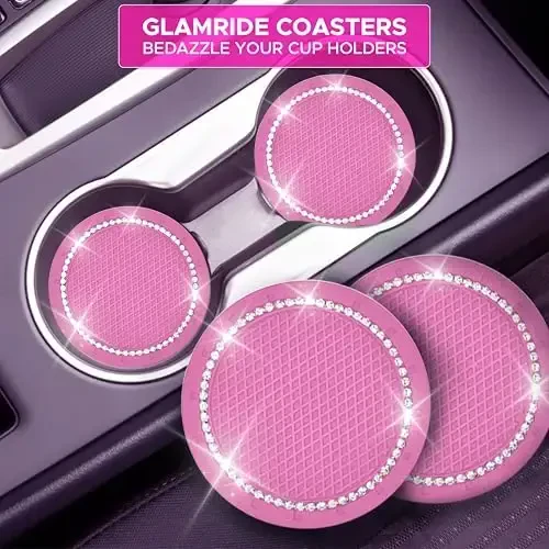 EcoNour Car Cup Coasters (2 Pack) with Pink Push Start Button Bling Ring (1 Pack) | Pink Car Interior Accessories for Women | Classy and Elegant Pink Crystal Car Decor for Cars,Trucks & RVs - 5