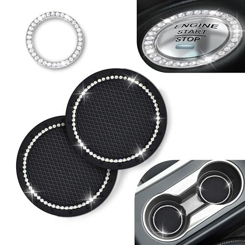 EcoNour Avtomobil Stakan Tagligi (2 ta) | Avtomobil Push Start Tugmasi Bezi (1 ta) | Avtomobil Stakan Tutgichi Tagligi | Kristal Rhinestone Avtomobil Ichki Aksessuarlari | 2,75 Dyuymli Universal Sirpanchi Tagliklar - ECONOUR