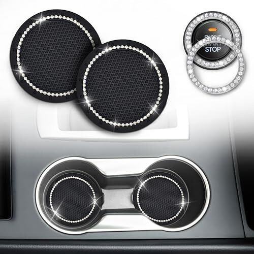 EcoNour Avtomobil Stakan Tagligi (2 ta) | Avtomobil Push Start Tugmasi Bezi (1 ta) | Avtomobil Stakan Tutgichi Tagligi | Kristal Rhinestone Avtomobil Ichki Aksessuarlari | 2,75 Dyuymli Universal Sirpanchi Tagliklar - 5