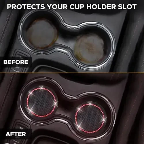 EcoNour Bling Cup Holder Insert (2 Pack) with Push Start Button Ring (1 Pack) | 2.75 Inch Silicone Coaster Pad and 1.5 Inch Ring with Elegant Red Crystal Rhinestone | Car Interior Accessories - ECONOUR (1)