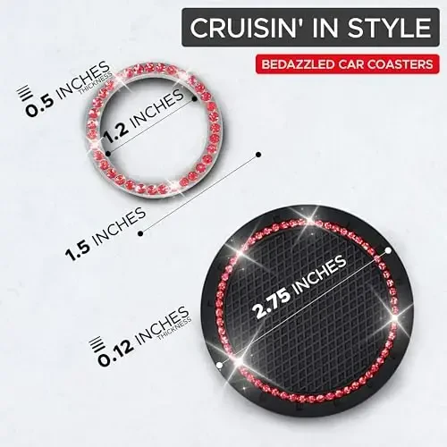 EcoNour Bling Cup Holder Insert (2 Pack) with Push Start Button Ring (1 Pack) | 2.75 Inch Silicone Coaster Pad and 1.5 Inch Ring with Elegant Red Crystal Rhinestone | Car Interior Accessories - 3
