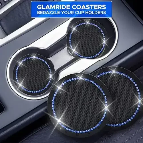 EcoNour Bling Cup Holder Insert (2 Pack) with Push Start Button Ring (1 Pack) | 2.75 Inch Silicone Coaster Pad and 1.5 Inch Ring with Elegant Blue Crystal Rhinestone | Car Interior Accessories - 5