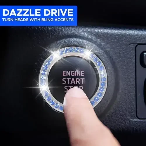 EcoNour Bling Cup Holder Insert (2 Pack) with Push Start Button Ring (1 Pack) | 2.75 Inch Silicone Coaster Pad and 1.5 Inch Ring with Elegant Blue Crystal Rhinestone | Car Interior Accessories - 6