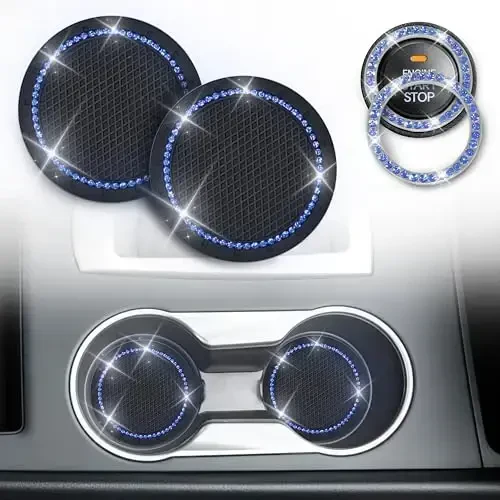 EcoNour Bling Cup Holder Insert (2 Pack) with Push Start Button Ring (1 Pack) | 2.75 Inch Silicone Coaster Pad and 1.5 Inch Ring with Elegant Blue Crystal Rhinestone | Car Interior Accessories - 1