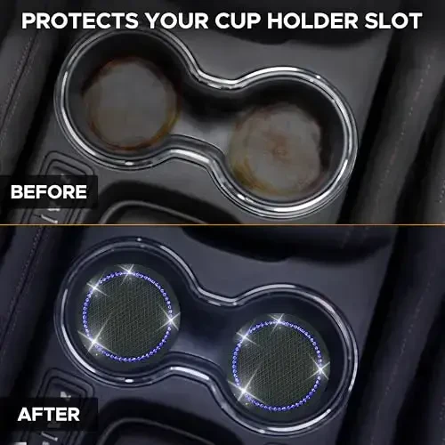 EcoNour Bling Cup Holder Insert (2 Pack) with Push Start Button Ring (1 Pack) | 2.75 Inch Silicone Coaster Pad and 1.5 Inch Ring with Elegant Blue Crystal Rhinestone | Car Interior Accessories - 2