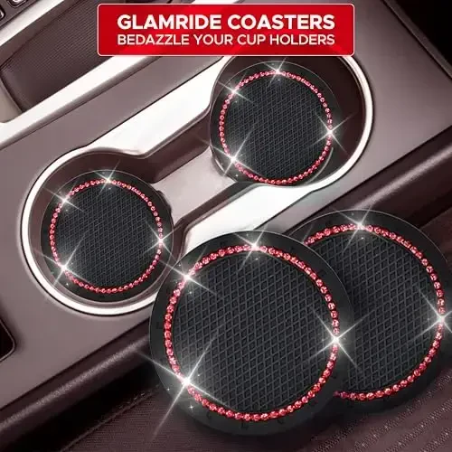 EcoNour Bling Cup Holder Insert (2 Pack) with Push Start Button Ring (1 Pack) | 2.75 Inch Silicone Coaster Pad and 1.5 Inch Ring with Elegant Red Crystal Rhinestone | Car Interior Accessories - 5