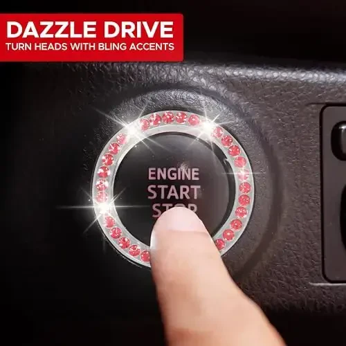 EcoNour Bling Cup Holder Insert (2 Pack) with Push Start Button Ring (1 Pack) | 2.75 Inch Silicone Coaster Pad and 1.5 Inch Ring with Elegant Red Crystal Rhinestone | Car Interior Accessories - 6