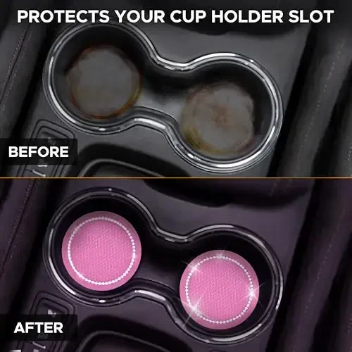 EcoNour Car Cup Coasters (2 Pack) with Pink Push Start Button Bling Ring (1 Pack) | Pink Car Interior Accessories for Women | Classy and Elegant Pink Crystal Car Decor for Cars,Trucks & RVs - 2