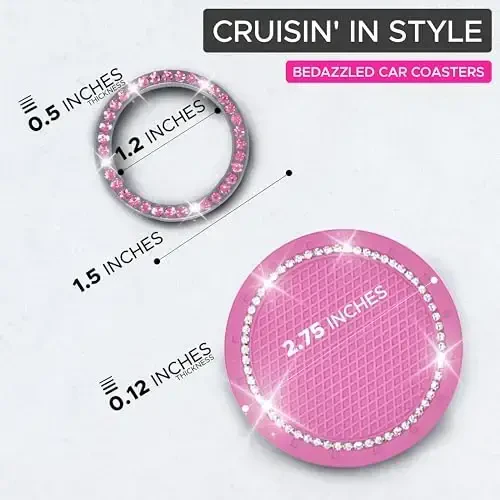 EcoNour Car Cup Coasters (2 Pack) with Pink Push Start Button Bling Ring (1 Pack) | Pink Car Interior Accessories for Women | Classy and Elegant Pink Crystal Car Decor for Cars,Trucks & RVs - 3