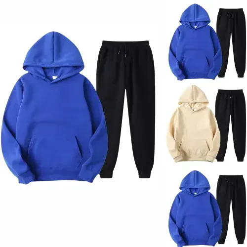 Ecqkame Fall Winter Sets Women Hooded Sweatshirt Sportswear Clearance 2PCS Outfits Men's And Women's Sports Tracksuits Long Sleeve Hoodies Fall Winter Suit Blue XXL - ECQKAME (1)