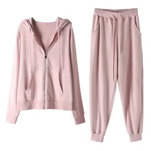 Ecqkame Tracksuit Sets for Women Clothing Two Piece Fall Jogging Outfits Long Sleeve Hooded Zip Up Sweatshirt Jacket and Wide-Leg Pants Pink L on Clearance- - 1