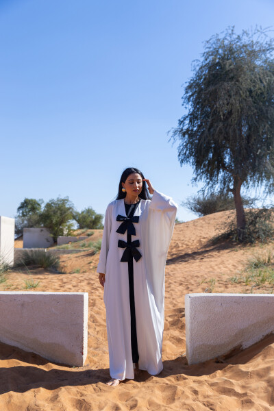 Ecru Abaya with Bow Detail - 7