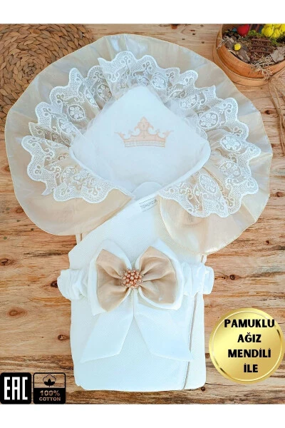 Ecru Baby Blanket for Girls and Boys, 100% Cotton, Mevlüt (Birth Ceremony) Blanket, Swaddle, Lace Cover, Gift, Seasonal - TOMUYCUK