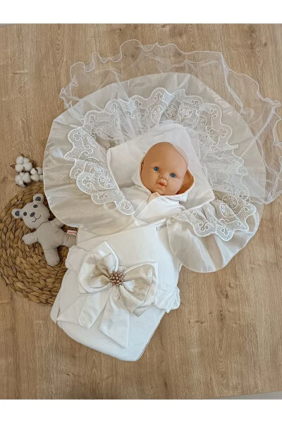 Ecru Baby Blanket for Girls and Boys, 100% Cotton, Mevlüt (Birth Ceremony) Blanket, Swaddle, Lace Cover, Gift, Seasonal - TOMUYCUK (1)