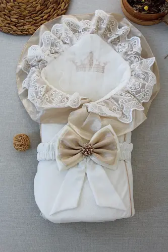Ecru Baby Blanket for Girls and Boys, 100% Cotton, Mevlüt (Birth Ceremony) Blanket, Swaddle, Lace Cover, Gift, Seasonal - 4
