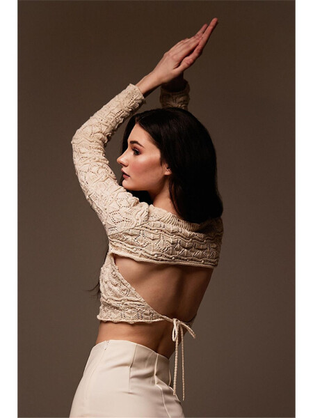 Ecru Back-Open Crew Neck Knit Sweater - 6