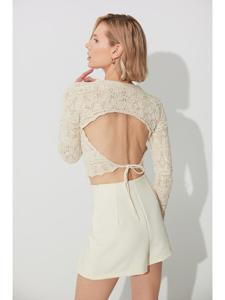 Ecru Back-Open Crew Neck Knit Sweater - 7