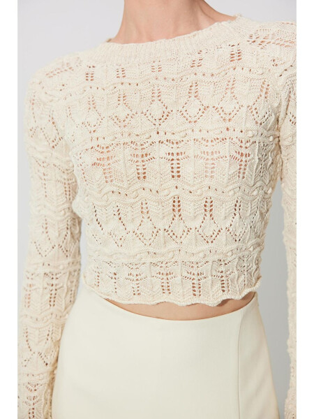 Ecru Back-Open Crew Neck Knit Sweater - 10