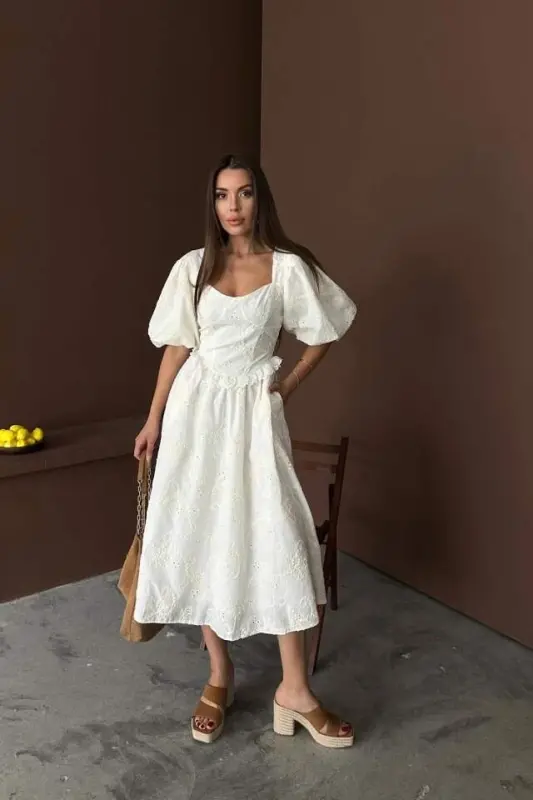 Ecru Balloon Sleeve Lace Broderie Dress - 2