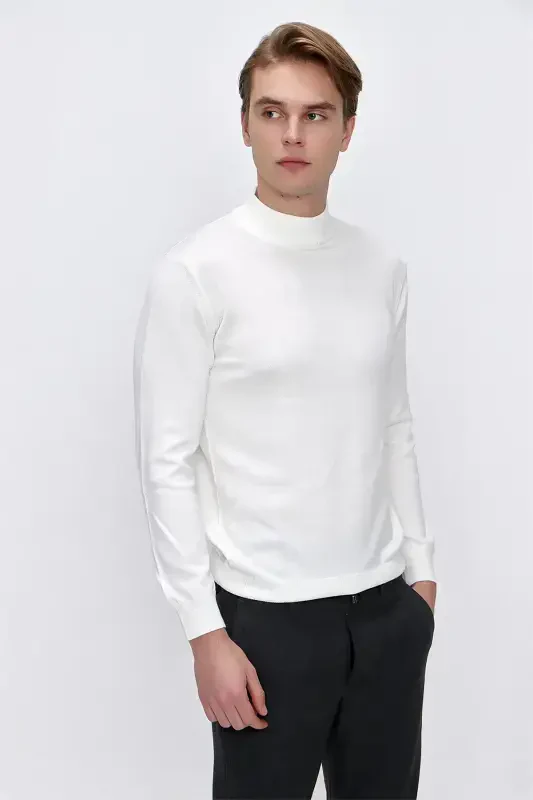 Ecru Basic Dynamic Fit Comfort Fit Half Turtleneck Knit Sweater - 3