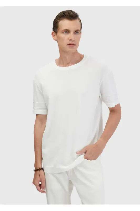 Ecru Bike Neck Plain Knitted Sweater - RAMSEY