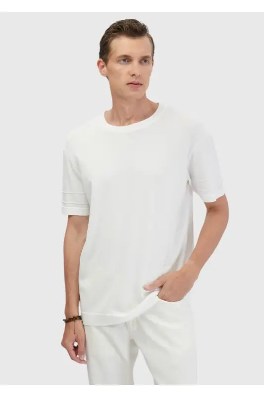Ecru Bike Neck Plain Knitted Sweater - RAMSEY