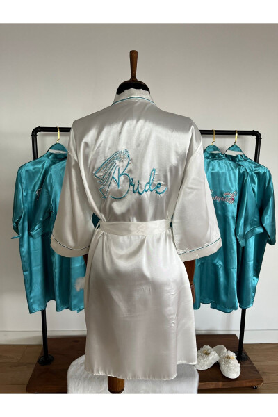 Ecru Bride Bridal Robe with Turquoise Beads and Embroidered Beadwork - 1