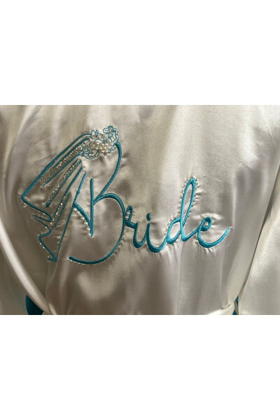 Ecru Bride Bridal Robe with Turquoise Beads and Embroidered Beadwork - 2