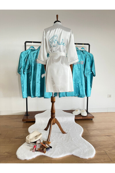 Ecru Bride Bridal Robe with Turquoise Beads and Embroidered Beadwork - 3