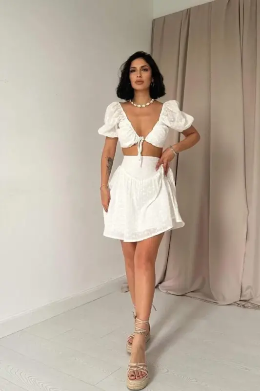 Ecru Broderie Crop & Mini Skirt Set - 1