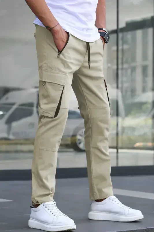 Ecru Cargo Pocket Men's Jogger Pants 5791-Ecru - 2