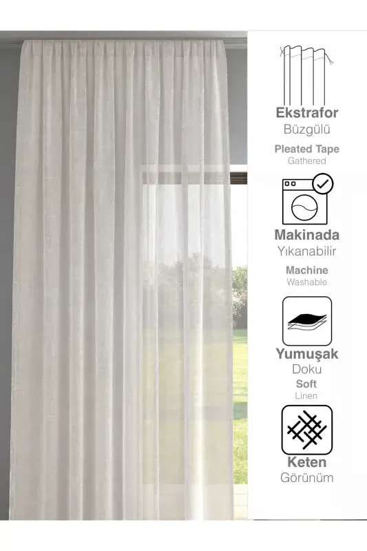 Ecru Color Linen Look Plain Tulle Curtain No Ironing-ECRU - 3