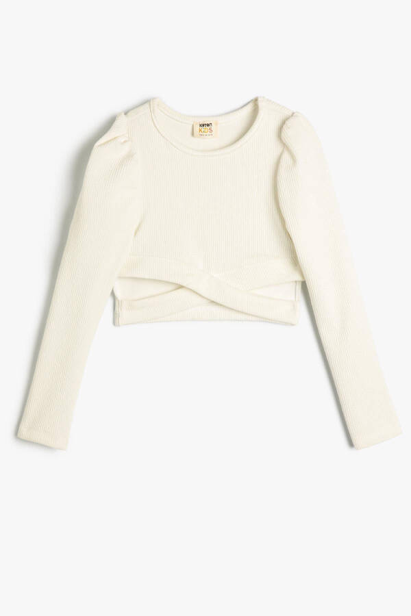 Ecru color, long-sleeved, crew neck crop top with window detail and ribbing. - 2