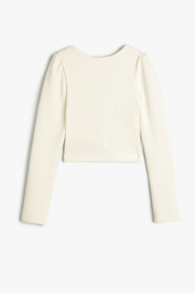 Ecru color, long-sleeved, crew neck crop top with window detail and ribbing. - 3