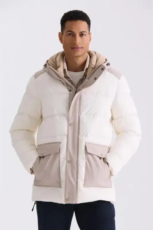 Ecru Comfort Fit Hooded Pocket Down Jacket - 1