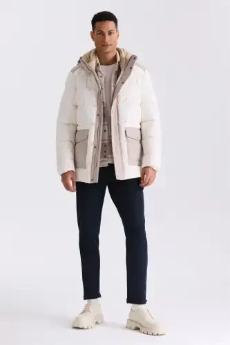 Ecru Comfort Fit Hooded Pocket Down Jacket - JAKAMEN (1)